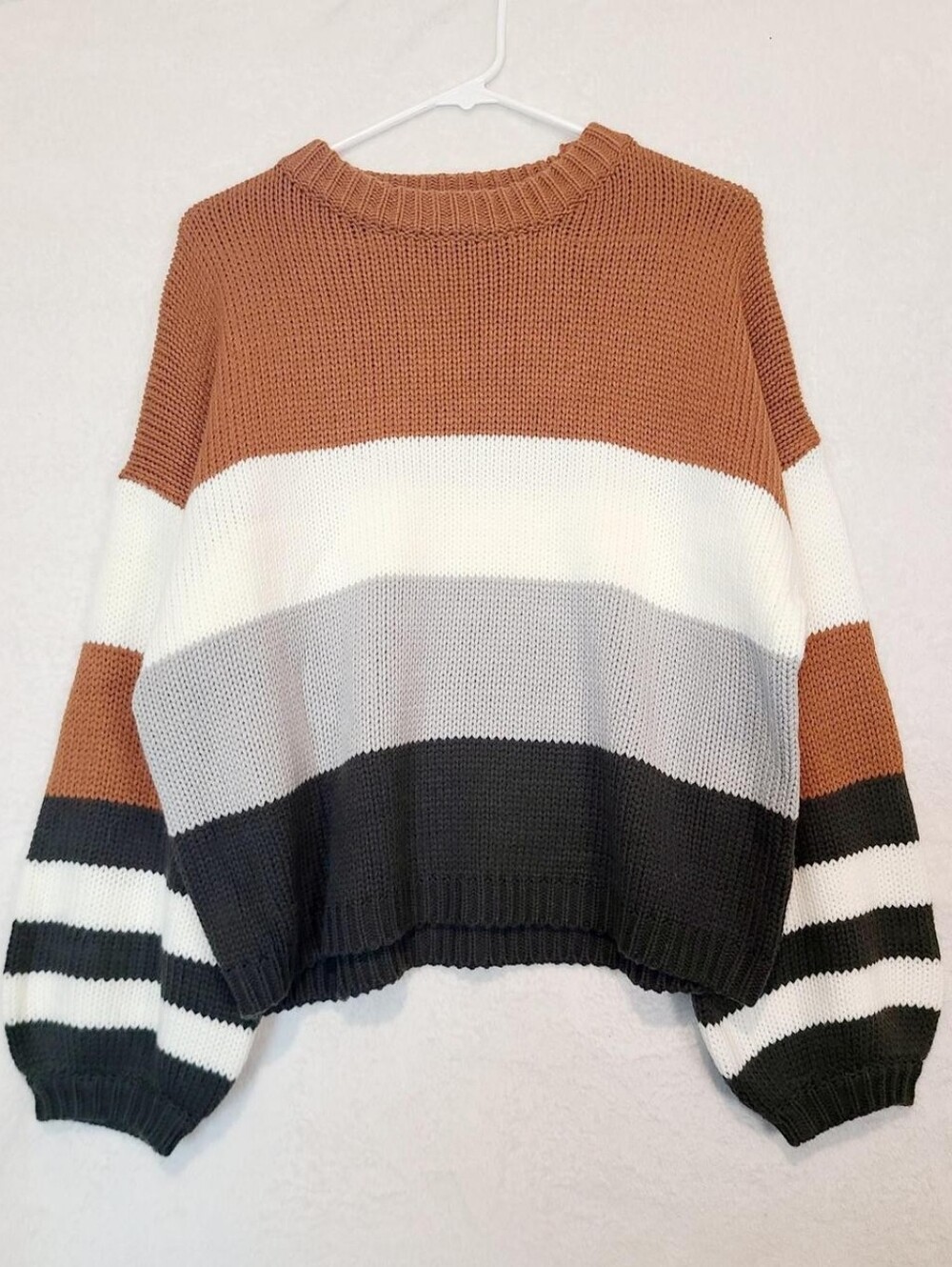 eesome Striped Crewneck Sweater in Brown, White & Gray